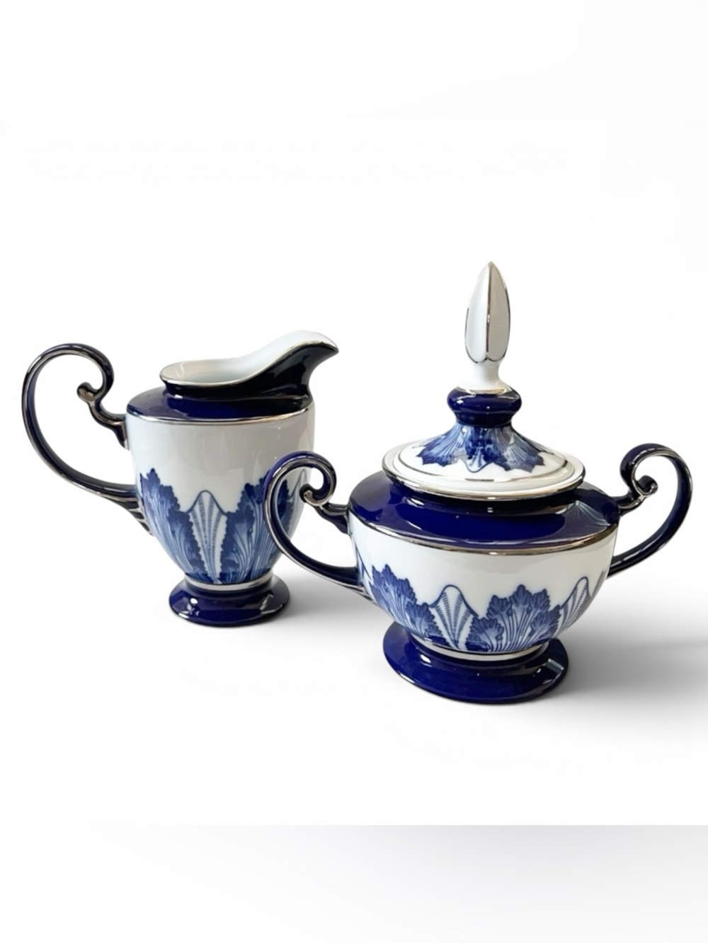 Bombay Co Porcelain Sugar & Creamer Asian Garden Platinum Trim